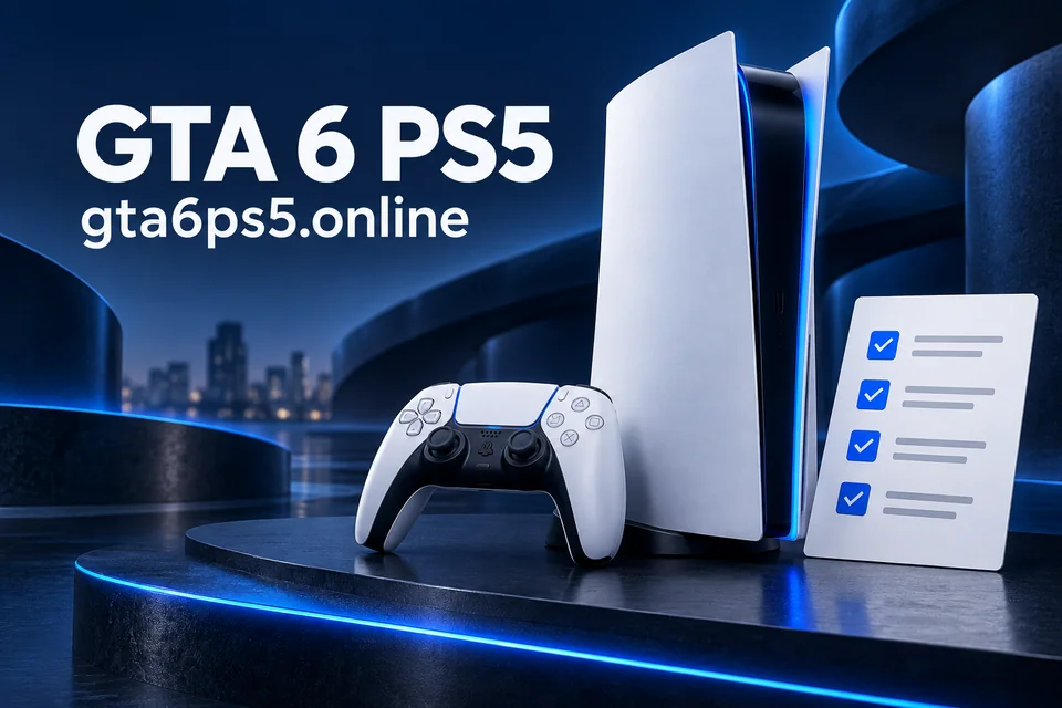 GTA 6 PS5 and gta6ps5.online with a white console, controller and blue preparation checklist