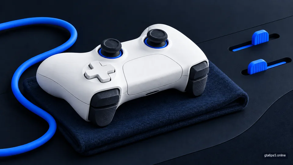 Conceptual ivory controller on a soft pad beside two blue adjustment tabs