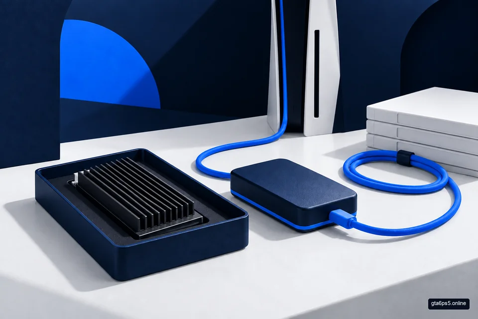 Conceptual cooled storage module and external drive beside an abstract console